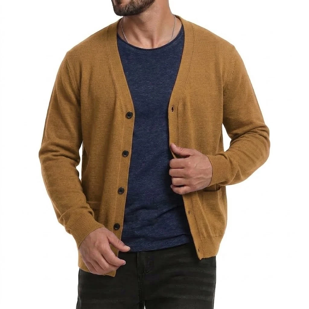 Neuer Herren-Cardigan mit langen Ärmeln, Knopfleiste, V-Ausschnitt, Strickware, lässiger Pullover, einfarbig, leichte Oberbekleidung mit Taschen. – Detail 8
