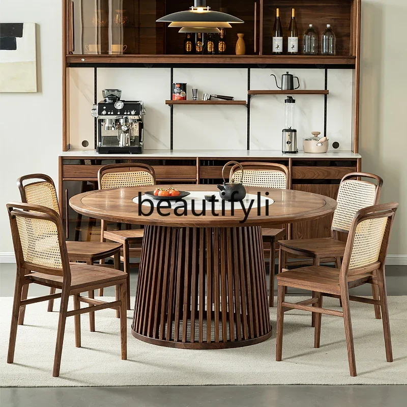 

yj57 New Chinese black walnut log household round dining table, solid wood guest dining room with rock slab turntable round tabl