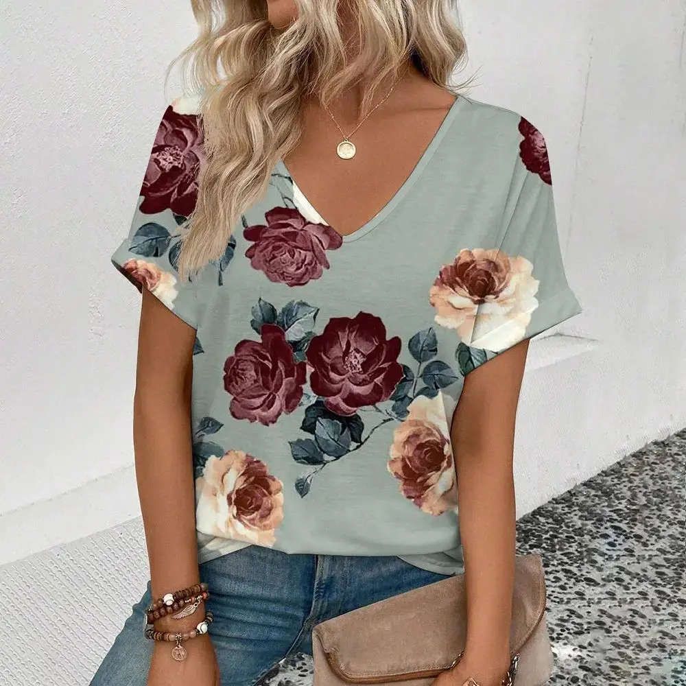 

Women's summer V-neck quick-drying T-shirt retro floral pattern printed top fashionable women's casual short-sleeved T-shirt