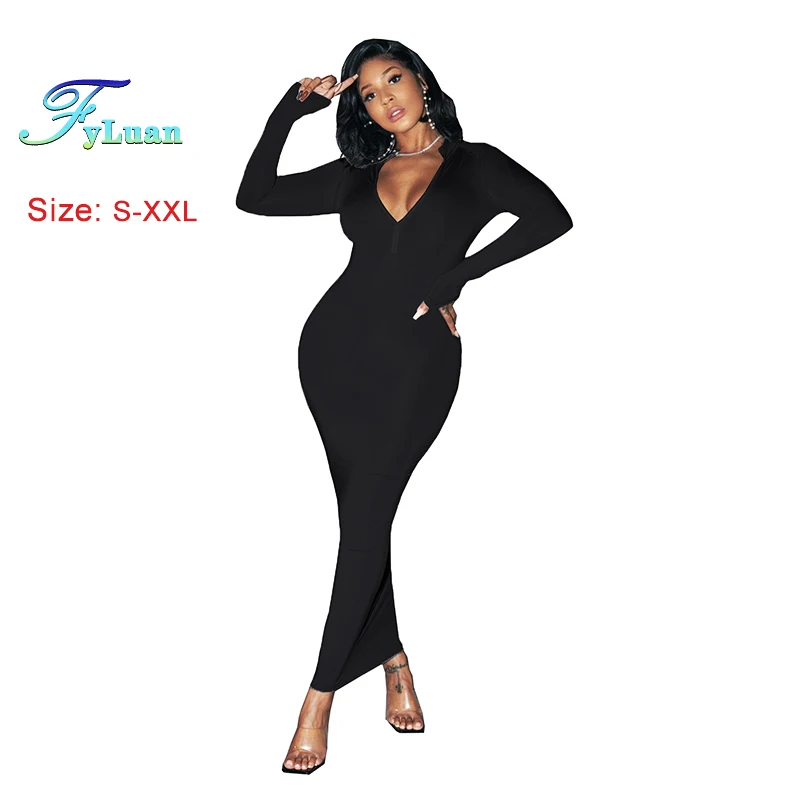 2025 High-End Women's Long Dress Solid Color Deep V Long Sleeve Tight Fitting Female Ankle Length Dress Sexy Fashion Prom Gowns