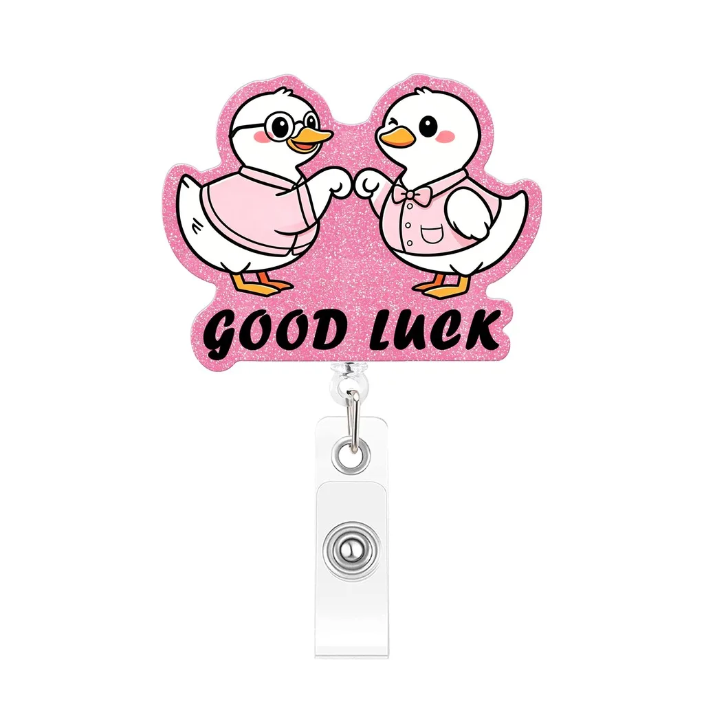 Glitter Acrylic Cute Cartoon Goose Retractable Badge Reel 360 Rotatable Clip ID Badge Holder for Nurse Office Staff and Student