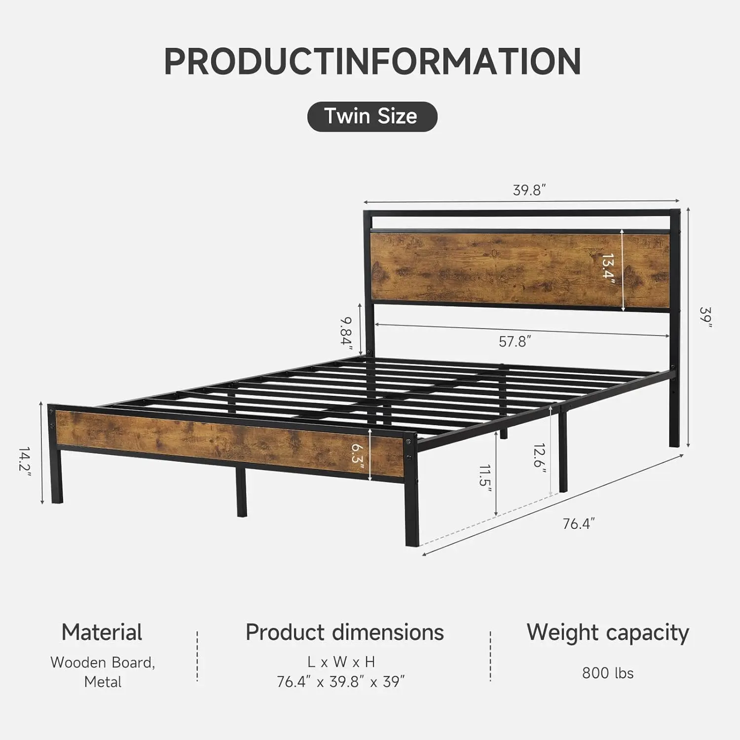 Twin Bed Frames, Heavy Duty Metal Sturdy Bed Frame Twin Size with Modern Wood Headboard & Footboard,