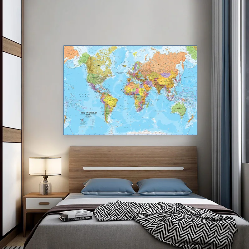 Póster Artístico de pared en inglés con mapa del mundo, pintura en lienzo no tejido, cuadro decorativo para sala de estar, suministros escolares, 225x150cm