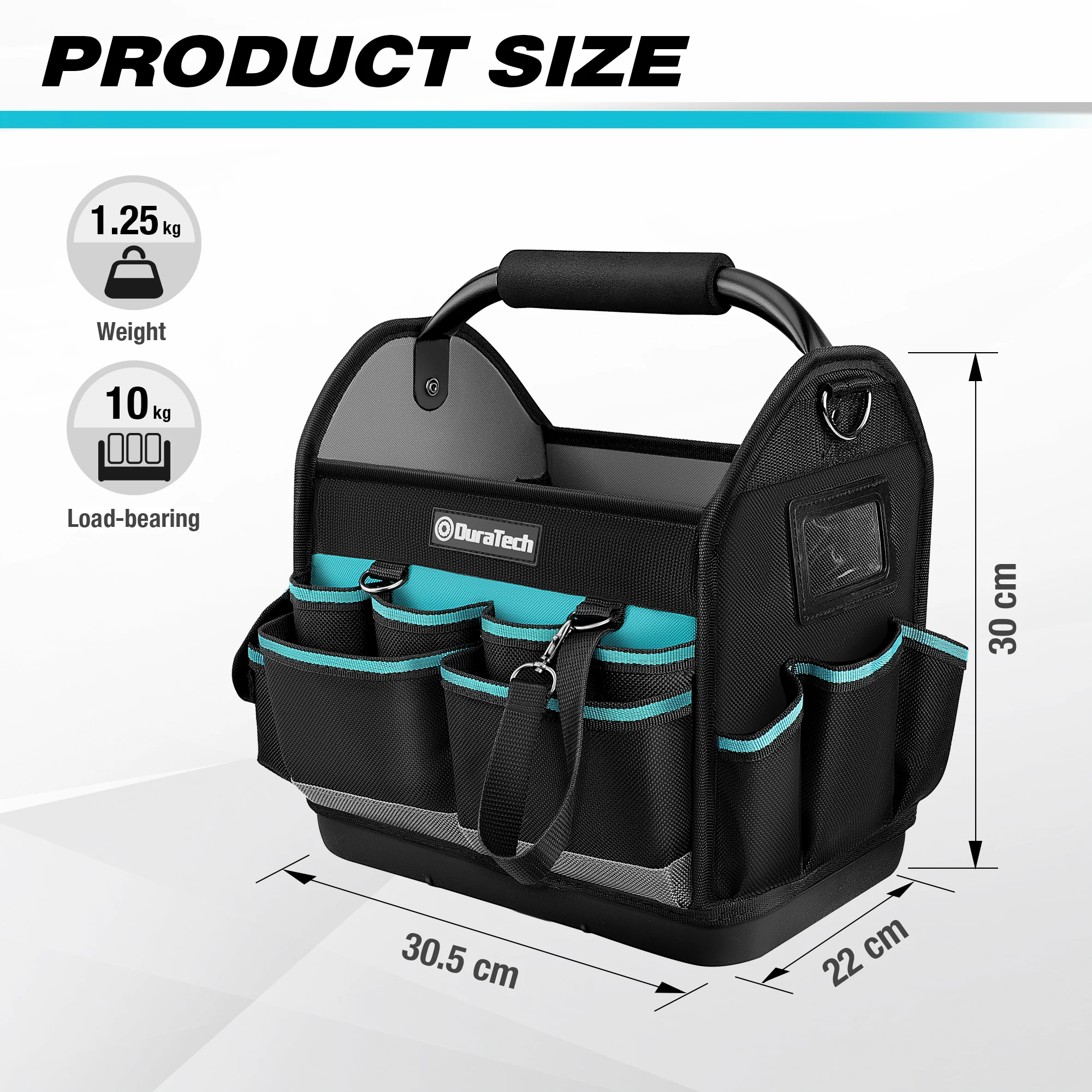 DuraTech 12 Inch Tool Bag with Multi-Pockets Wide Mouth Tool Tote Durable Wear-Resistant Base Waterproof Oxford Cloth Bag
