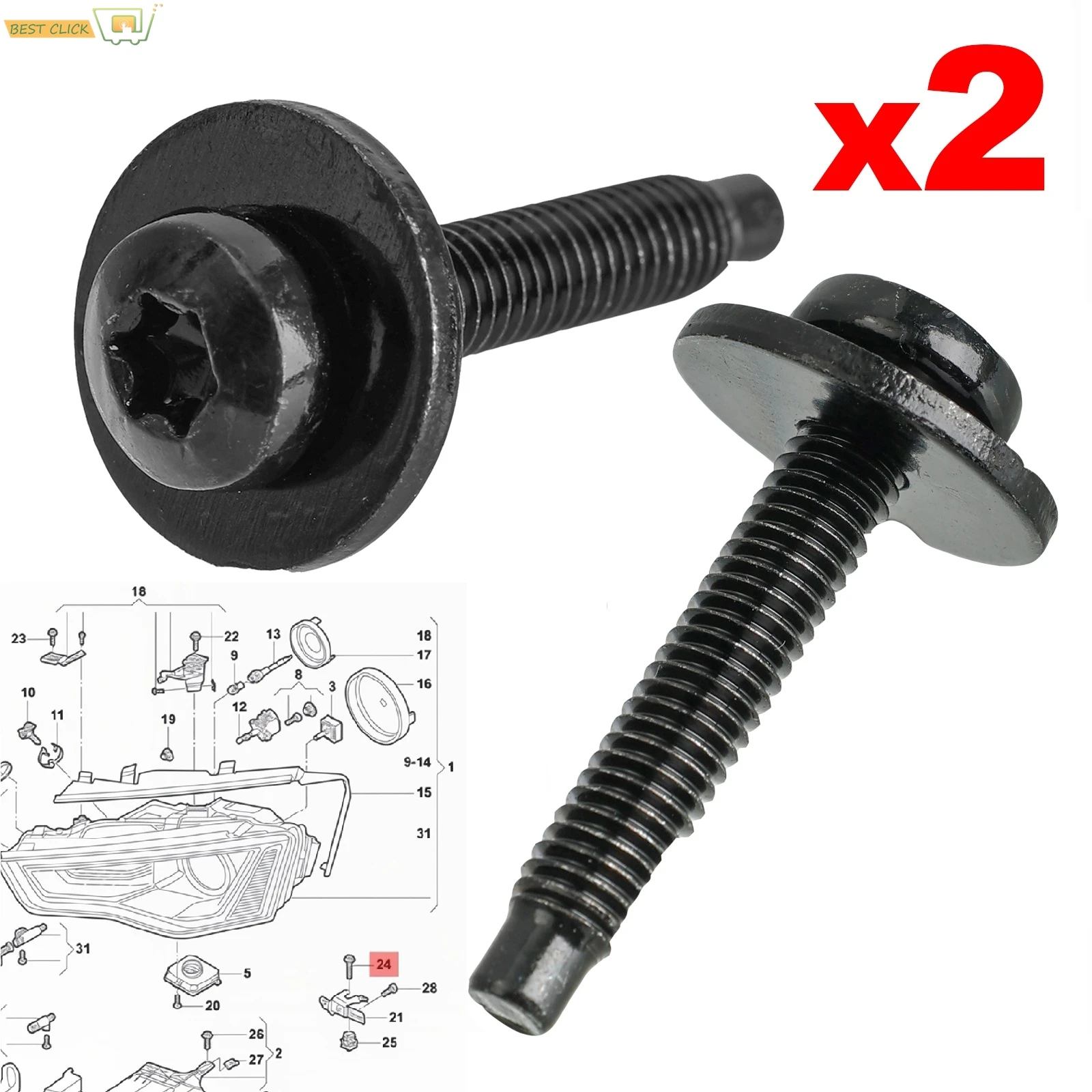 2x Headlight Mounting Bolt Screws M6x40 N91199601 For Audi A4 S4 B8 A6 S6 C7