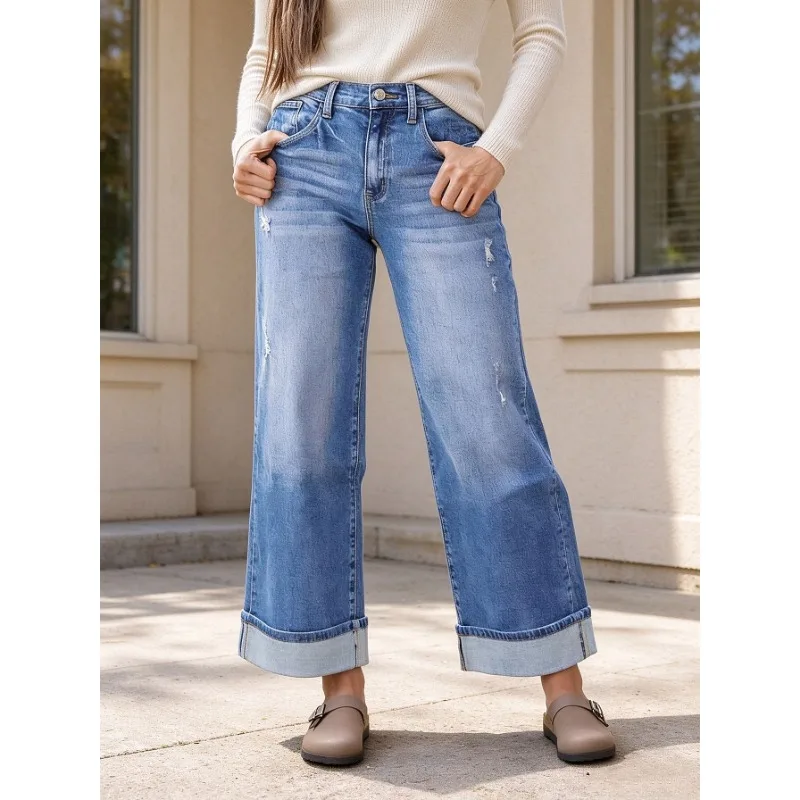 Women American Vintage Light Blue Washed High Waist Wide Leg Jeans Rolled Hem Ripped Casual Denim Long Trousers Streetwear