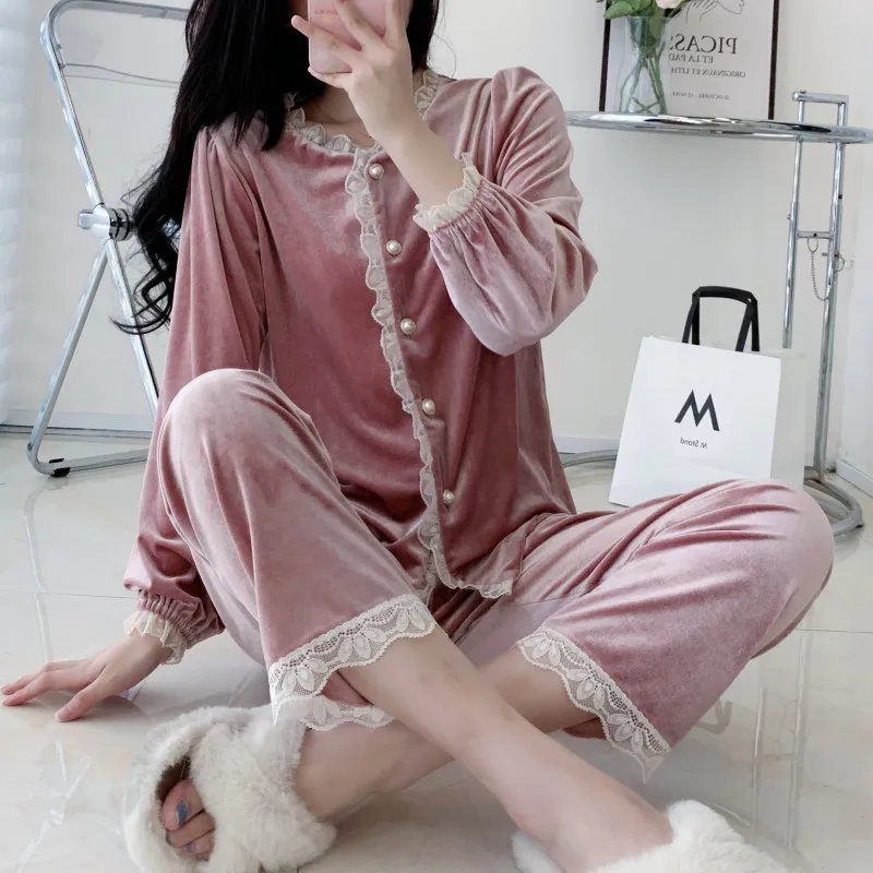 Female Velvet Pajamas Two Piece Set Autumn Winter Velour Sleepwear Long Sleeve Trouser Suits Elegant French Homewear Lounge Wear