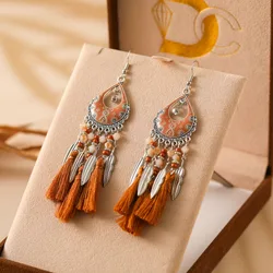 Classic Bohemian Green Purple Brown Tassel Earrings for Women Vintage Long Crystal Wooden Bead Leaf Drop Earring Ethnic Jewelry