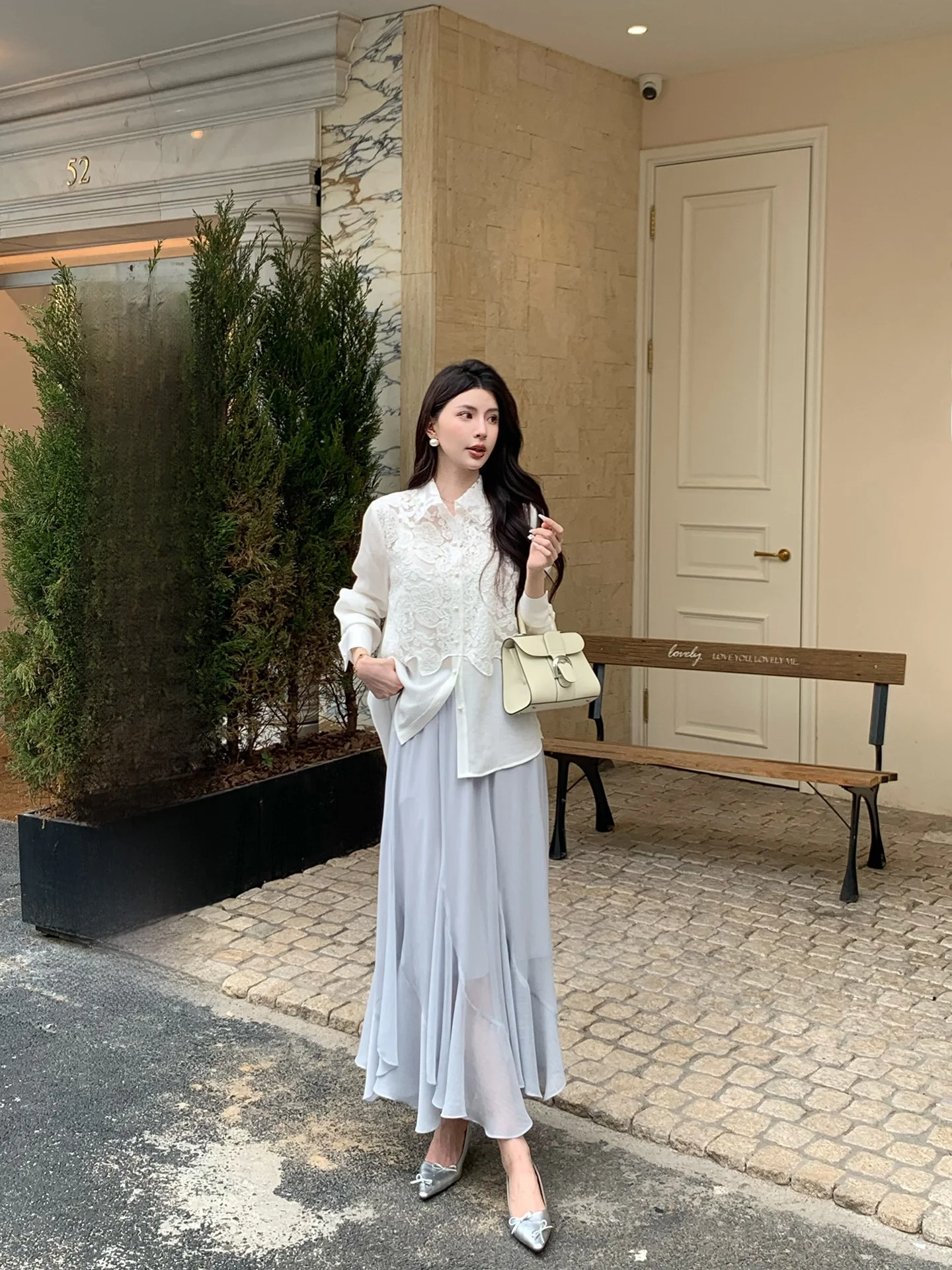 

Kun Total Barcelona Morning Fog Women's Long Sve irt Lace Embroidery White Casual Sle Spring New Arrival Collar