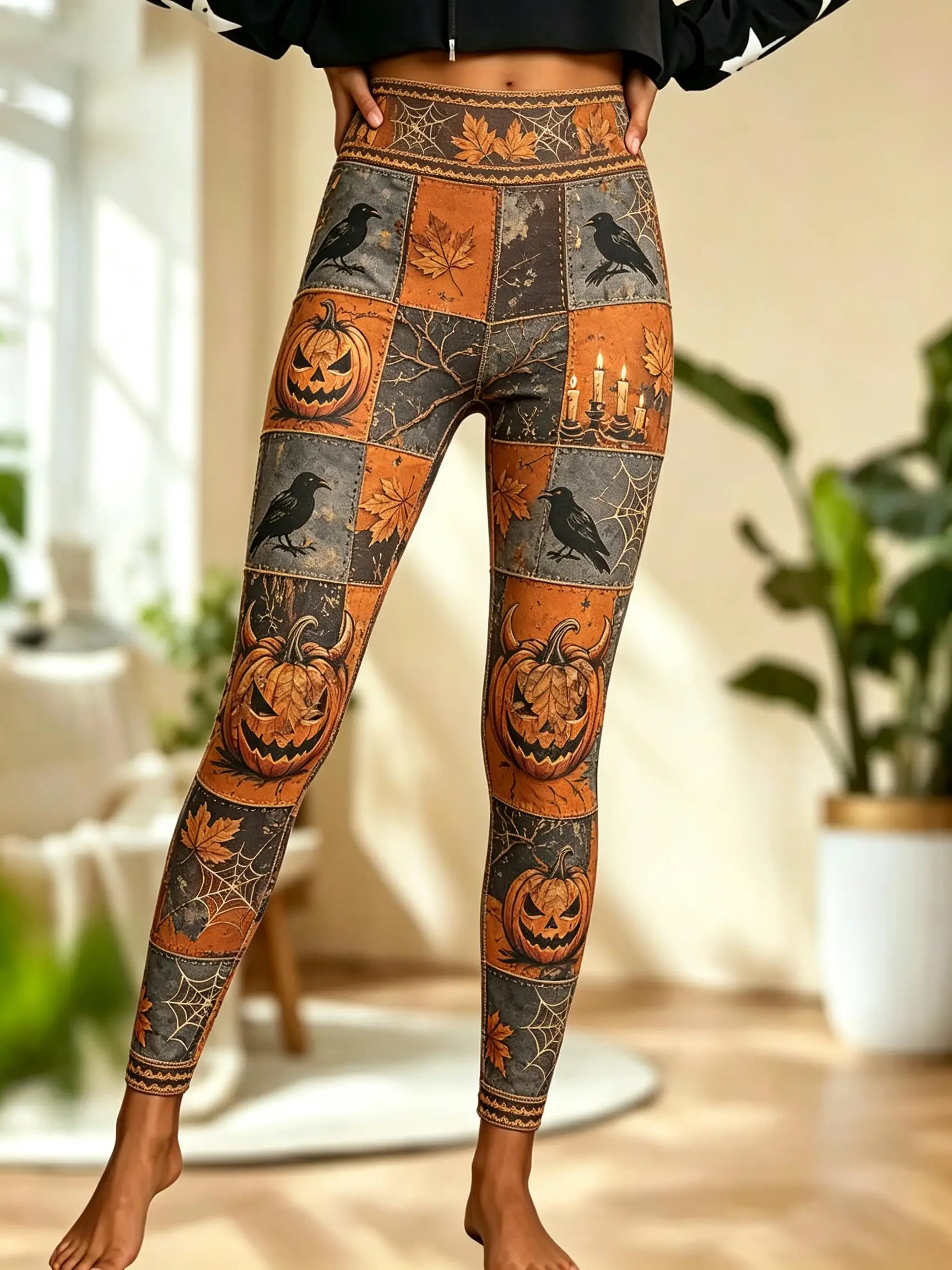 Women's Fleece Skinny Pants Orange Brown Halloween Patchwork Mid Waist Leggings