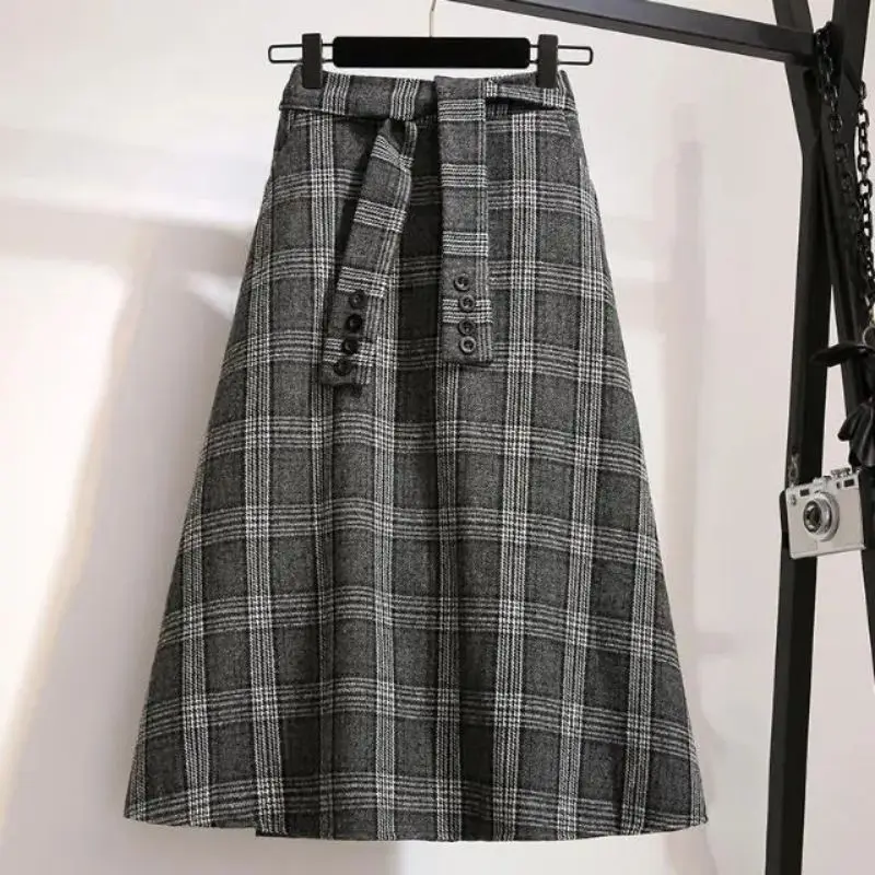 Khaki Plaid Vintage A-line High Waist Lace Up Buttons Loose Women\'s Skirt Mid-Calf Long Skirts For Women Clothing Fashion 2024