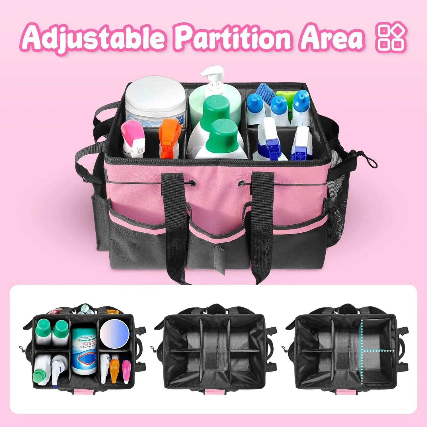 Large Cleaning Caddy Bag with Handle, Built-in Sturdy Support Board,  Multi-compartment Design Cleaning Supply Tote