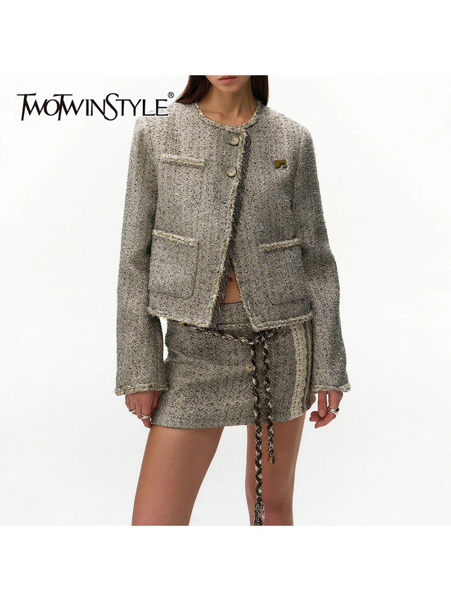 

TWOTWINSTYL Vintage Two Piece Sets for Women O Neck Long Sleeves Spliced Tassels Top High Waist Patchwork Lace Skirt Set Female