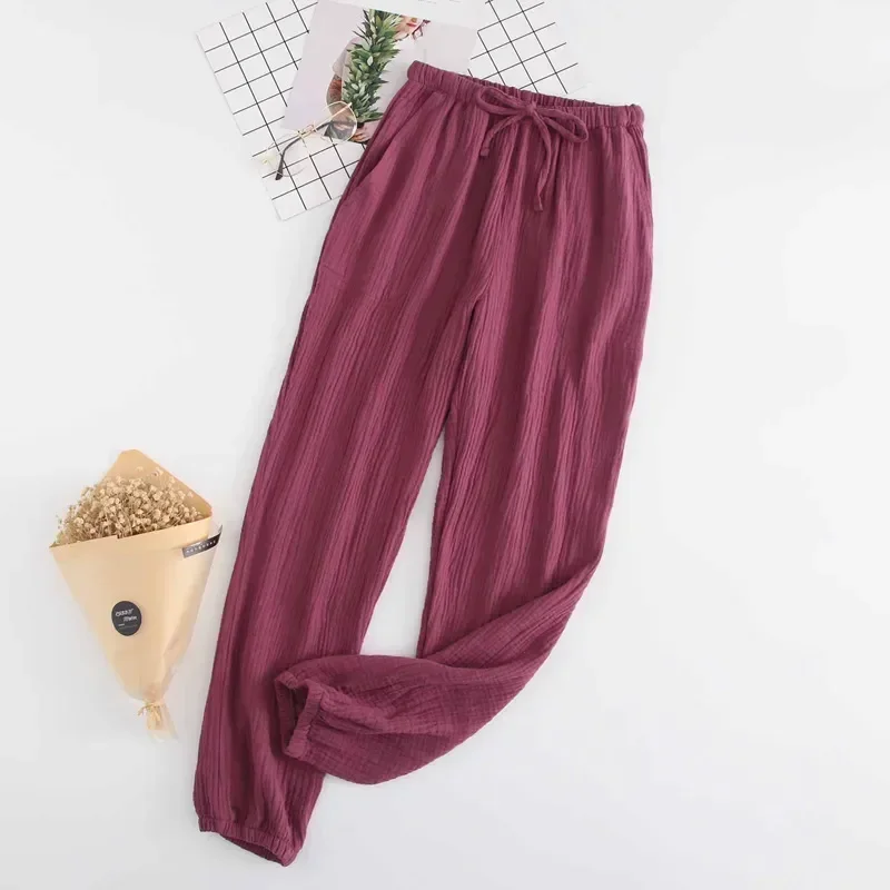 Pijamas sueltos de gasa para hombre y mujer, pantalones dobles lavados informales, algodón japonés, cómodos para el hogar, otoño y primavera