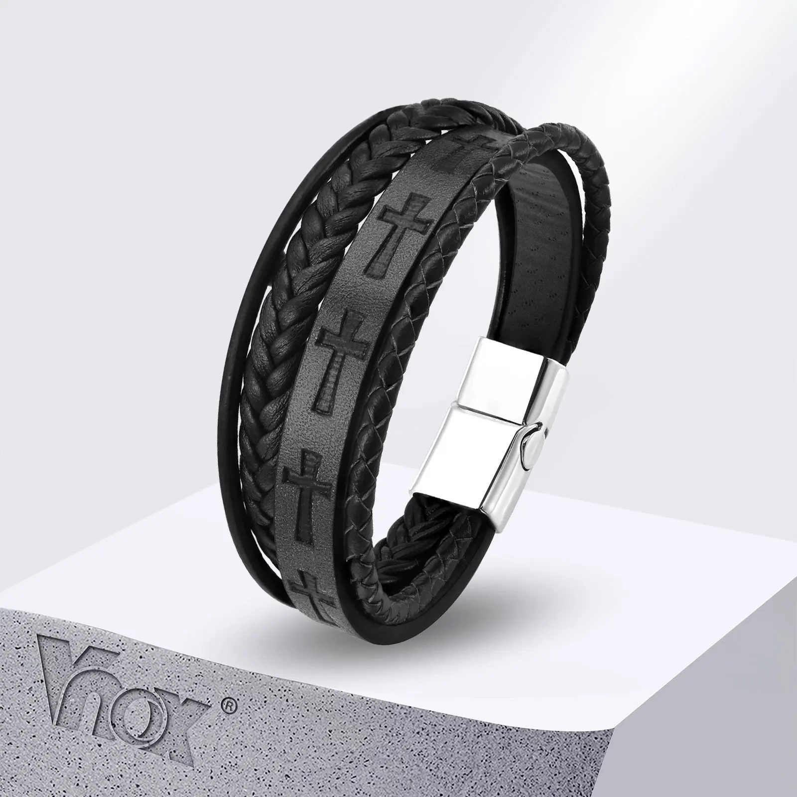 

Vnox Stylish Stamped Cross Mens Bracelets, Braided Layering Black PU Leather Wristband, Cool Gentle Faith Jewelry