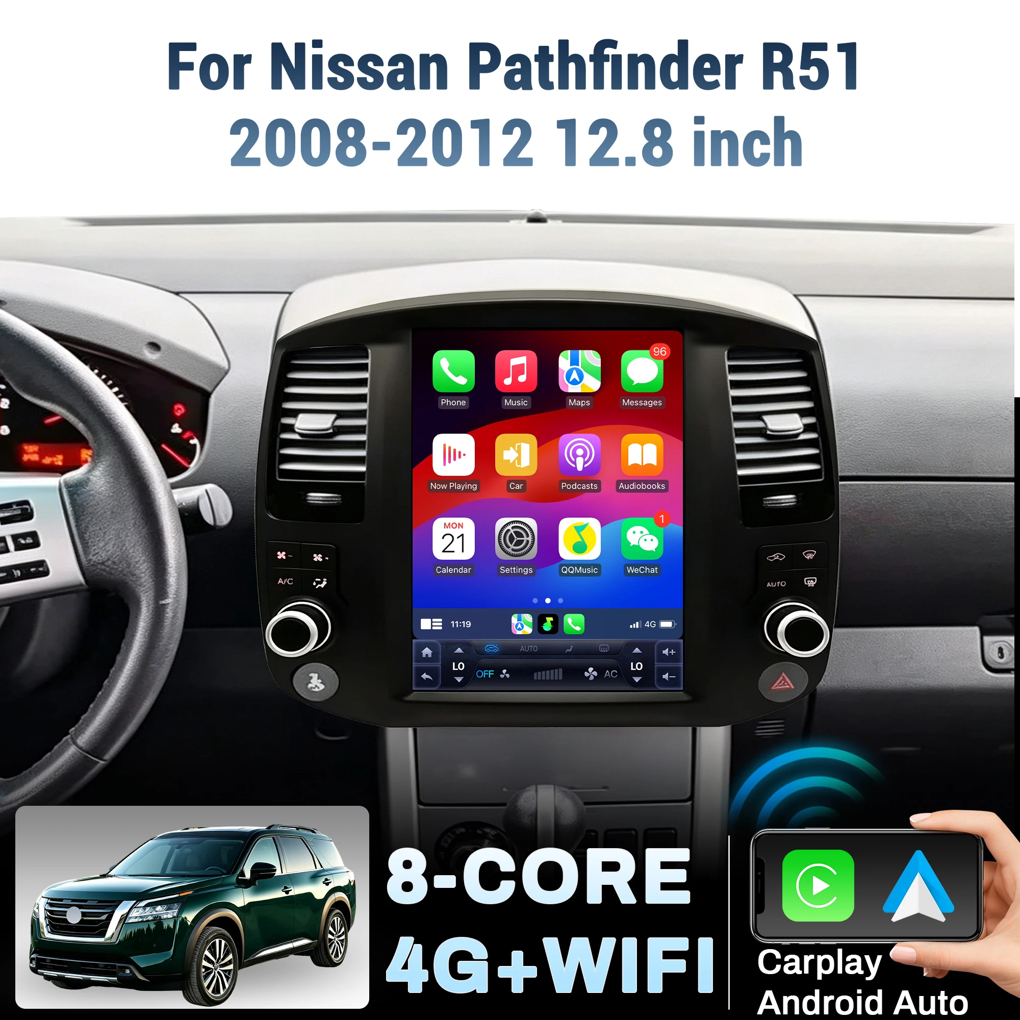 12.8“ Car Radio For Nissan Pathfinder R51 2008-2012 Head Unit Wireless Bluetooth CarPlay Touch Screen Stereo System