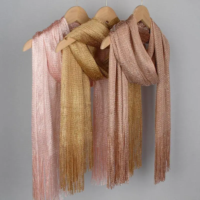 Women's shiny metallic tassel scarf, elegant evening gown accessory with buckle, sparkling wrap for wedding and party occasions
