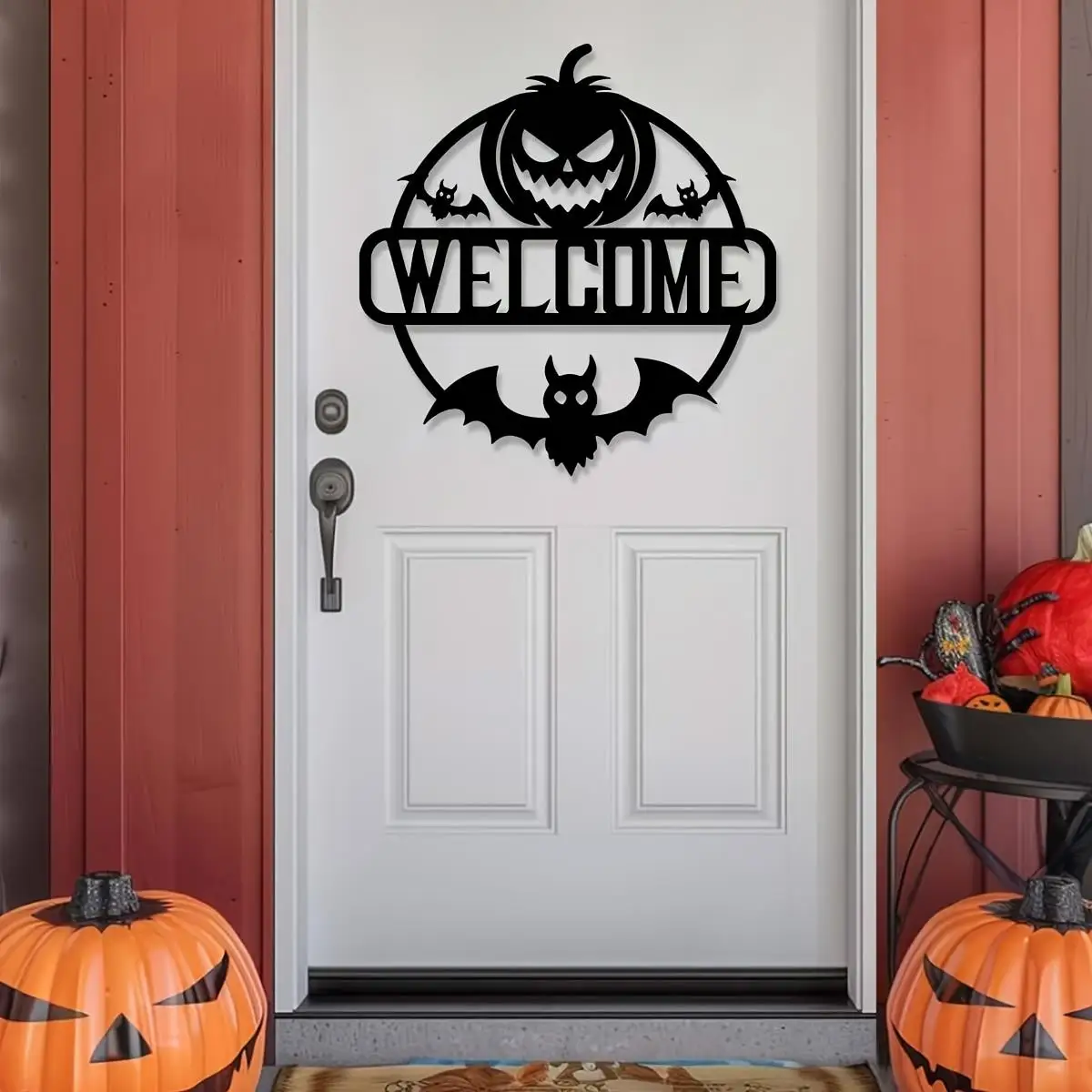 CIFBUY Halloween Welcome Metal Door Sign, Pumpkin Bat Silhouette Wrought‑Iron Hanging Decor
