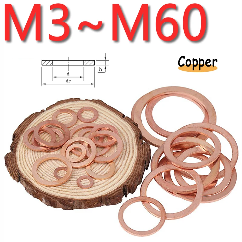 1~200pcs Solid Pure Copper Oil Plugs Washer M3 M4M5M6M8M10M12M14M16M18M20~M60 O-ring Gasket Motorcycle Sump Flat Sealing Spacers