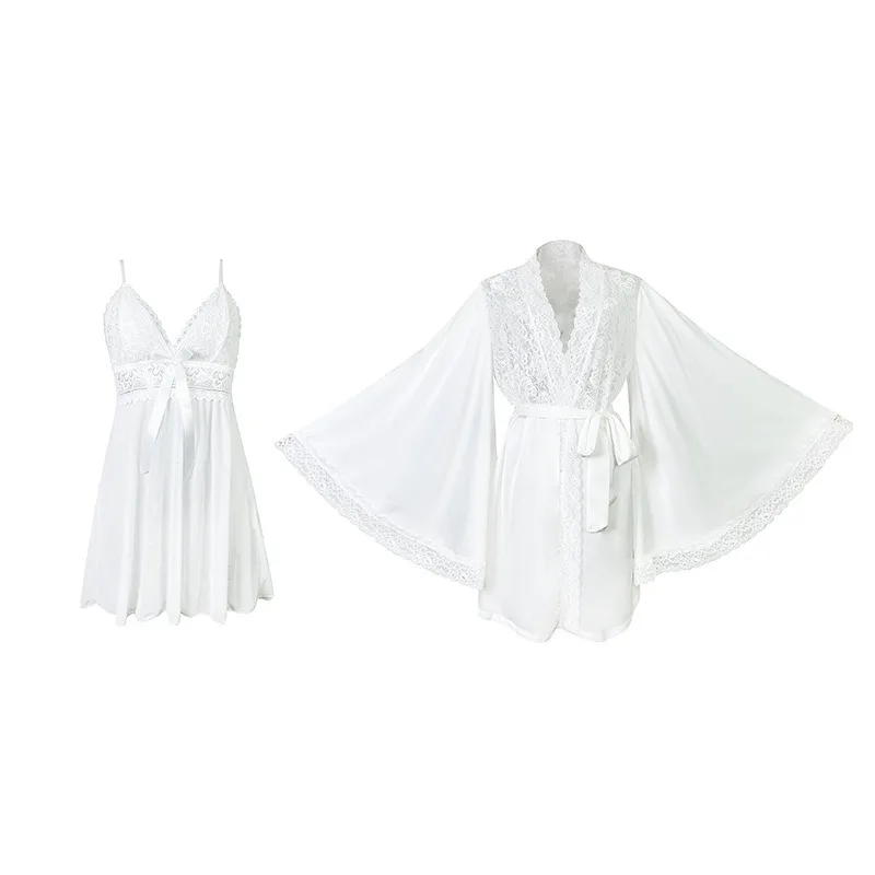 Krismile Satin Womens Gown Sets White Sexy Patchwork Mesh Mini Nightdress Lace Tied Waist Bathrobe 2025 Female Leisure Suit