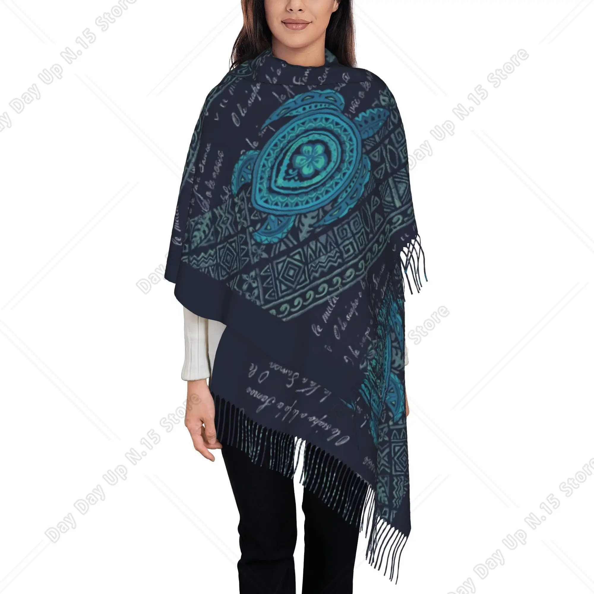 Samoa Tribal Shirts Samoa Teal Tribal Turtle  Shirts Samoan Poem Tassel Scarf Scarves Women Winter Tassel Shawl