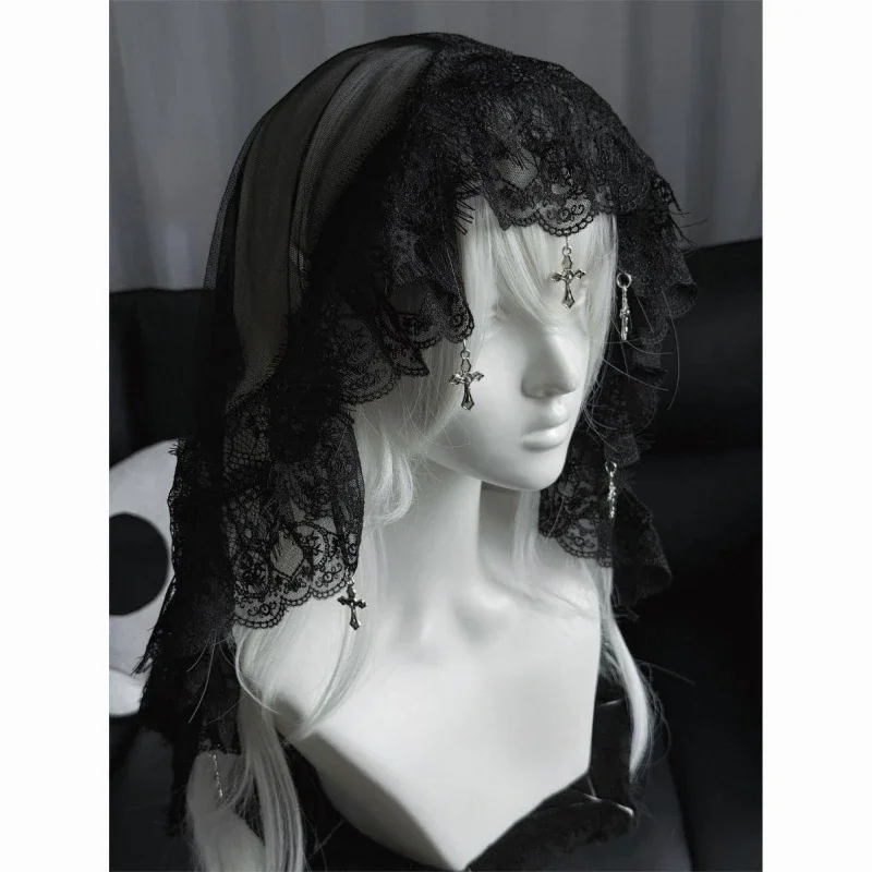 Fallen Angel Female Lace Cross Pendant Gothic Black and White Wedding Veil Photo Props