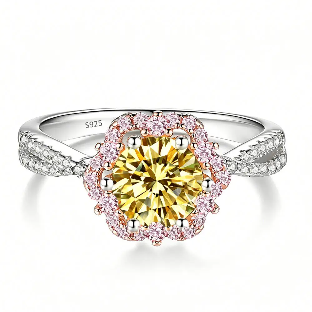 925 Sterling Silber Blumen-Doppelhalo-Twistband-Ring Mehrfarbiger D VVS1 Moissanit Verlobungs-Hochzeits-Party-Geschenk Feiner Schmuck – Detail 3