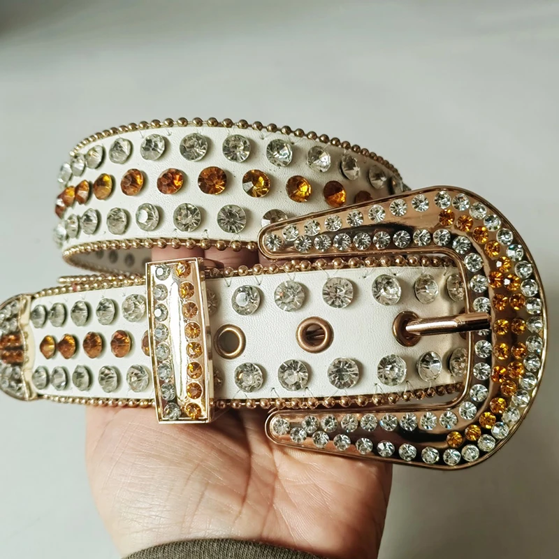 

Мужские и женские модные ремни в стиле панк-готика с бриллиантовыми вставками, белые, из мягкой кожи, с кристаллами, дизайнерские пояса с пряжкой-штифтом