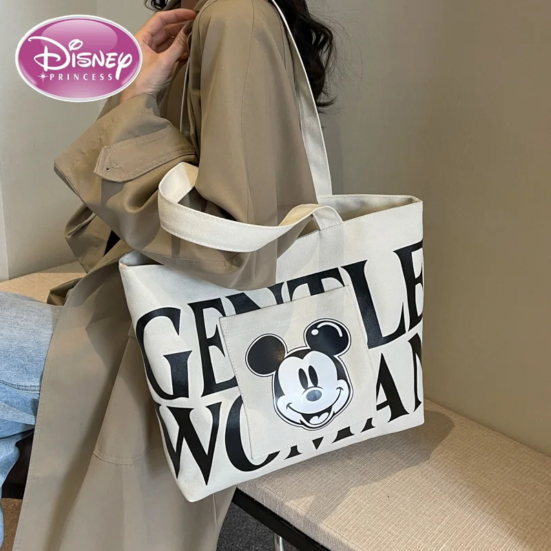 Disney 2024 New Large Capacity Canvas Bag Women\'s Trendy Cartoon Mickey Tote Bag College Student Class Shoulder Tote Bag