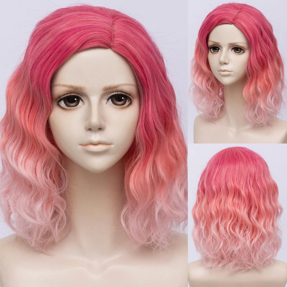 VICWIG Short Curly Synthetic Hair Cosplay Wig Pink Blue Green Gradient Ladies Wig Heat-resistant Rose Net