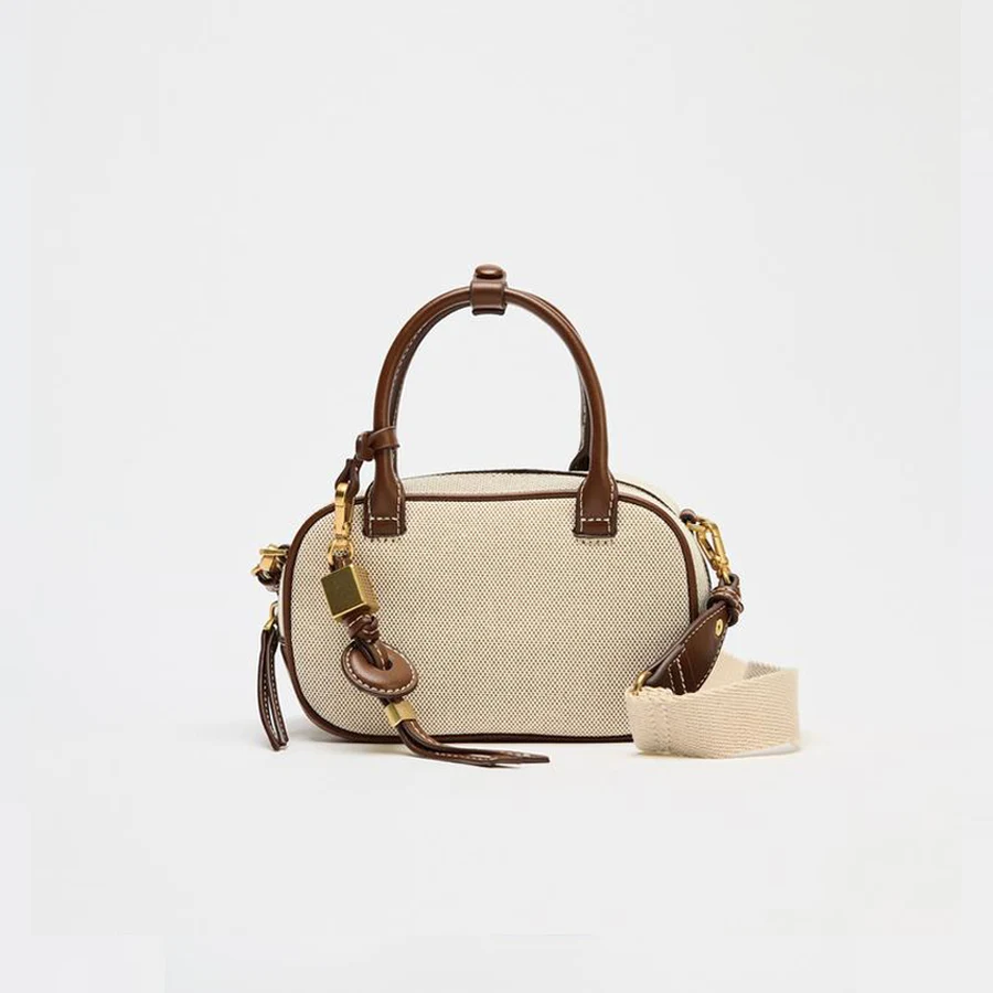 

Fashion Canvas Bowling Bag Designer Women Handbags Luxury Wide Strap Shoulder Crossbody Bags Casual Summer Beach Mini Tote Bag