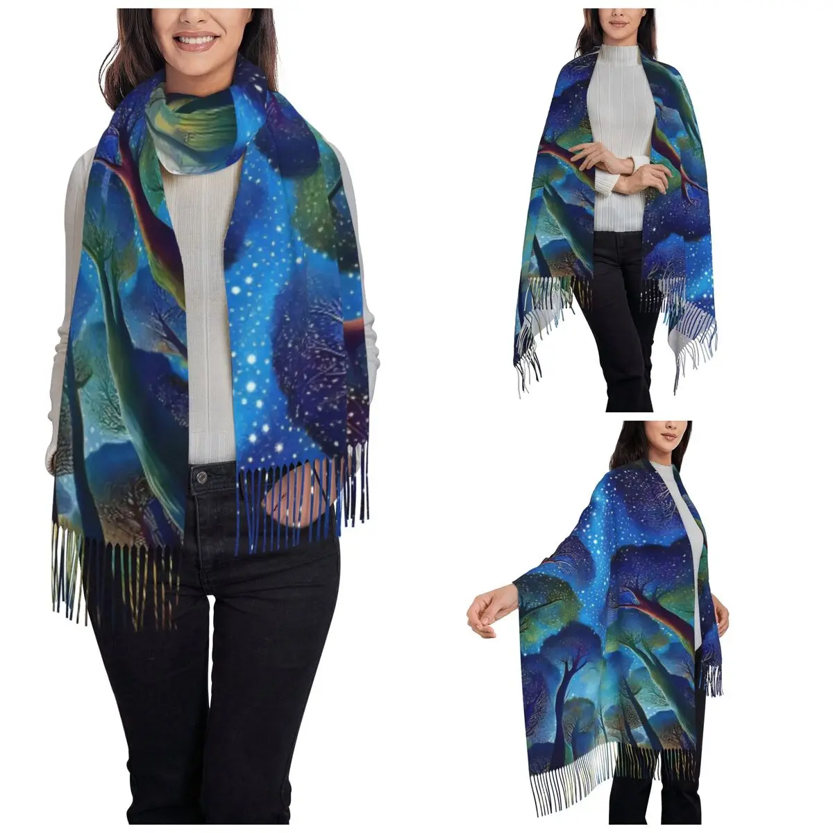 Women's Scarf with Tassel Yayoi Kusama Starry Night Forest Single-sided Pattern Super Soft Shawl Wrap Daily Wear Cashmere Scarf