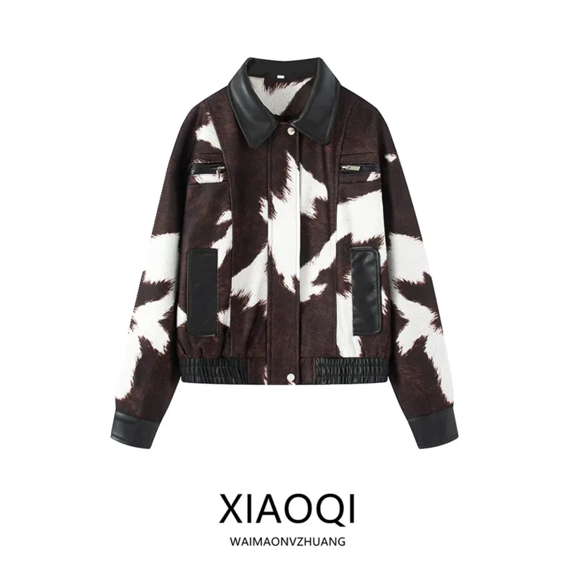Fall 2025 Women's PU Leather ort Jaet Cow Pattern Versatile Design Sense Matching Outerwear Ladies' Faion