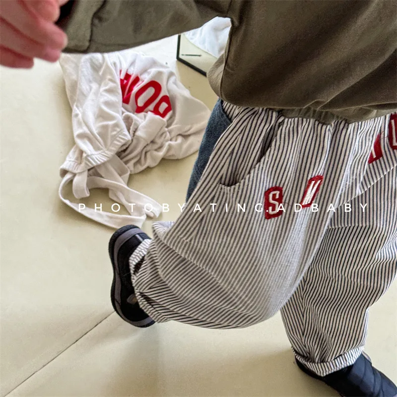 2024 Autumn New Children Casual Pants Cotton Toddler Girls Letter Embroidery Striped Harem Pants Kids Boys Loose Trousers