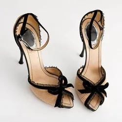 Summer new pointed fish mouth open-toe bow cloth wrinkled bag sandals thin high-heeled banquet dress versatile women's sandals
