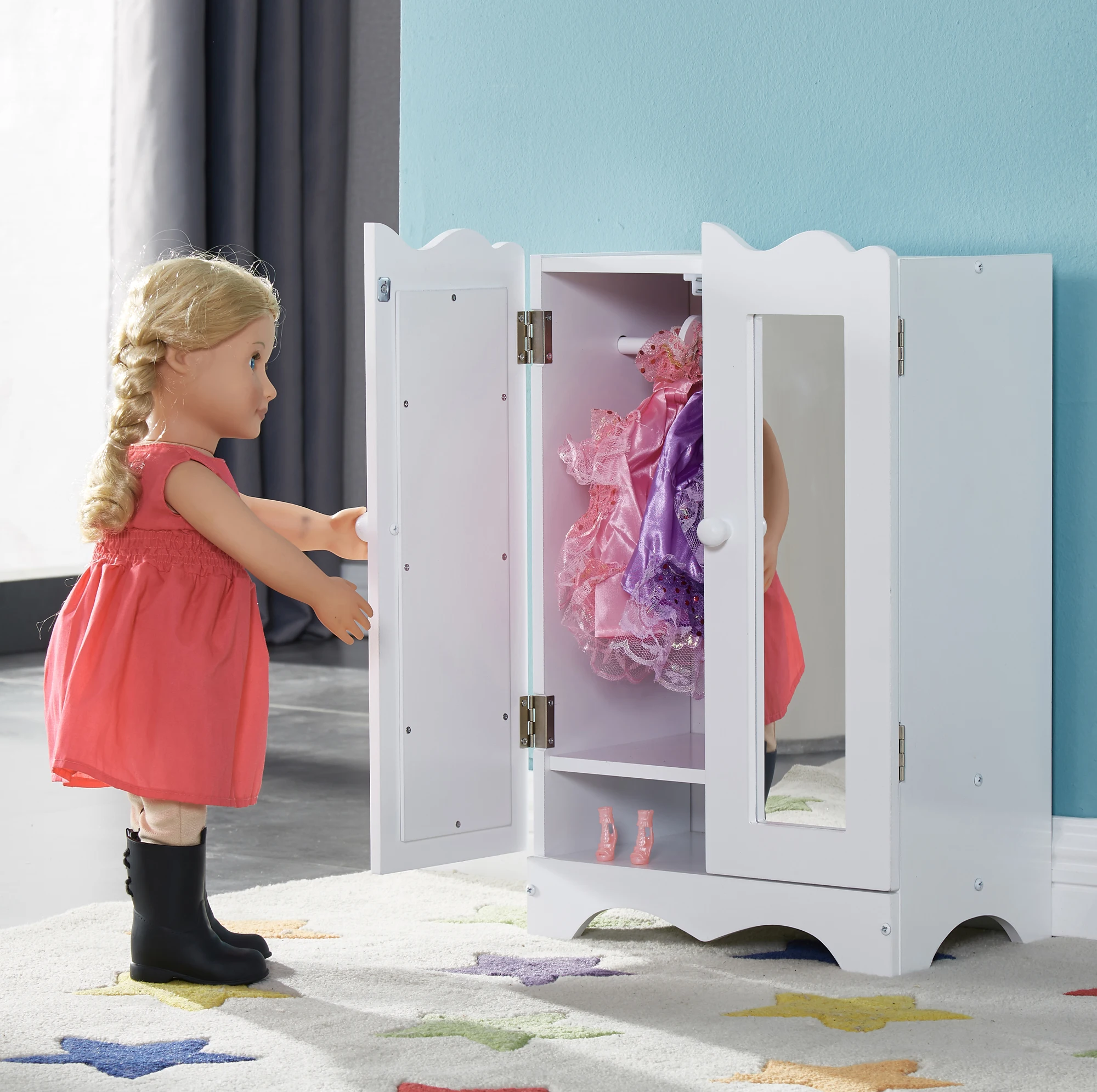 人形用ワードローブ 木製人形家具 人形服オーガナイザー 6つの洋服ハンガー付き 人形用戸棚 バービーアクセサリーおもちゃ用