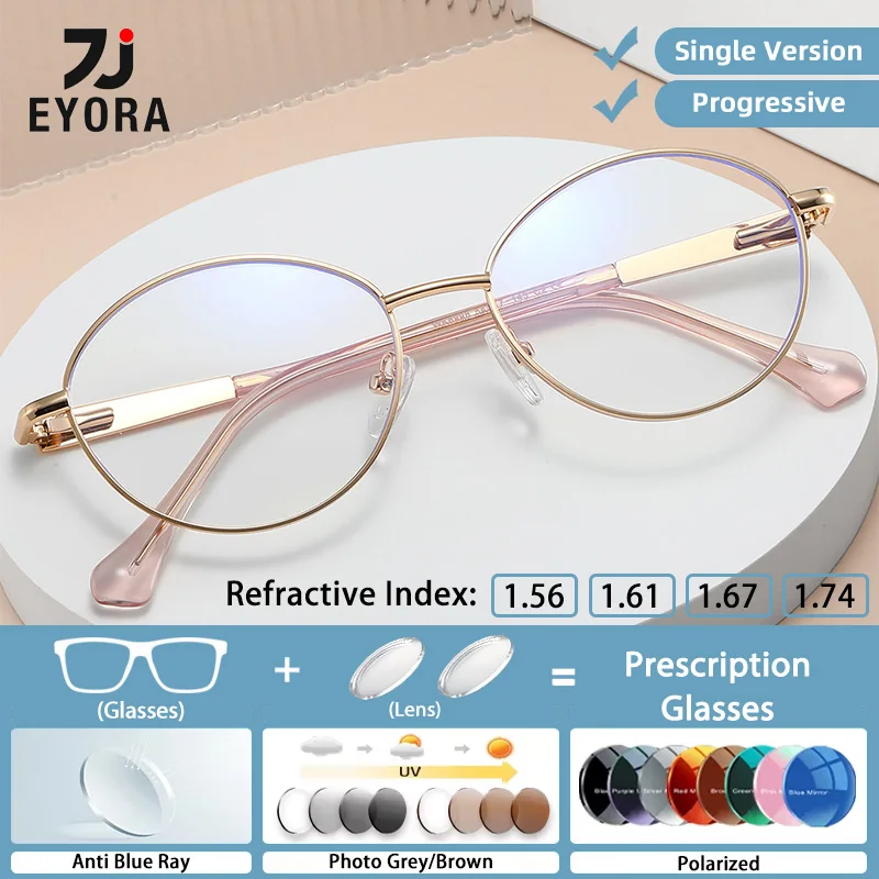 

EYORA Fashion Currents Metal Round Reading Glasses Myopia Eyewear Hyperopia Anti Blue Ray Progressive Photochromic Eyewear Lens