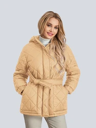 wsevypo Winter Warm Belted Puffer Jackets Women's Long Sleeve Zip Up Quilted Coats Casual Solid Color Down Hooded Outwear