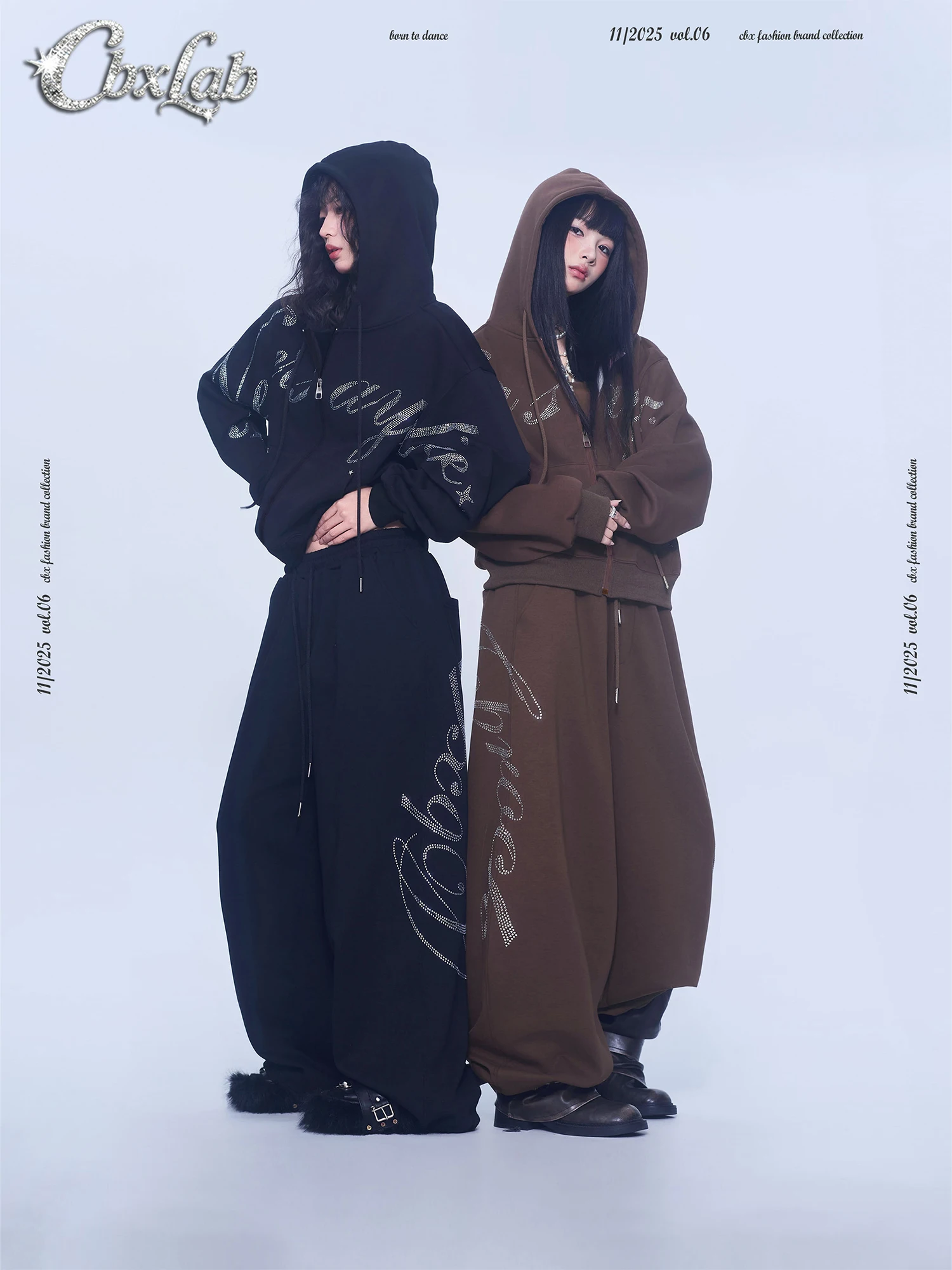 CBXLAB Street Dance Trendy Brand Glitter Heart Rhinestone Set Autumn Winter Fleece Lined Hooded Jacket Hip Hop Pants