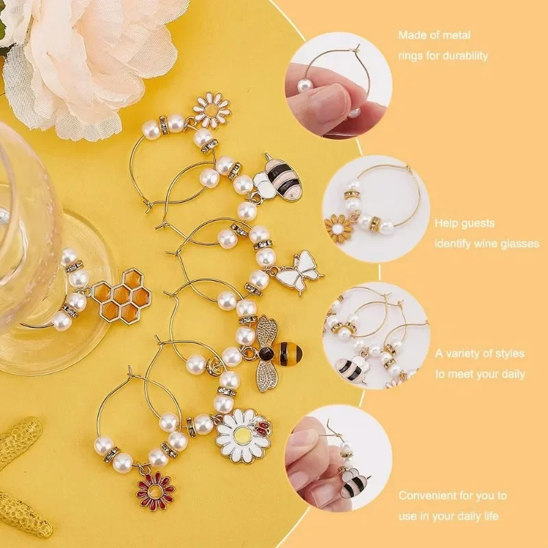 16 Style Flower Wine Glass Charms Butterfly Bee Honeycomb Goblet Drink Markers Tags Glass Wine Identifiers for Cocktail Champag