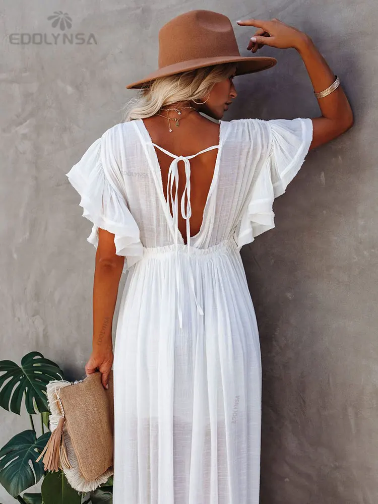 Sexy Deep V-neck Butterfly Sleeve Self Belted High Waist Button Front Open Summer Beach Dress WhiteTunic Women Beachwear Q1208