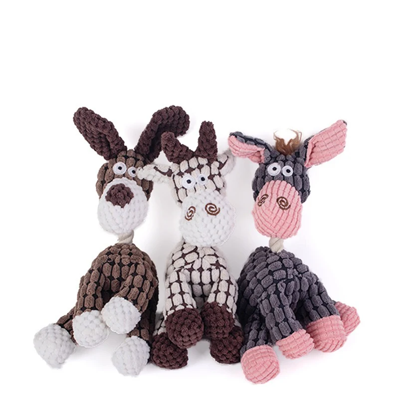 Corduroy Animal Plush Squeaky Dog Toy Donkey Giraffe Dog Stuffed Chew Toy Waffle Texture Anxiety Relief Interactive Training Toy