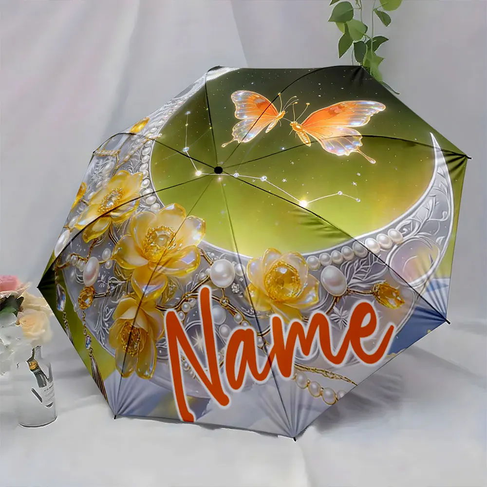 Custom Name Elegant Nature Design Umbrella with Butterfly Bloom Print 8 Iron Ribs Folding Umbrella Auto-Open Fashion Sunshade