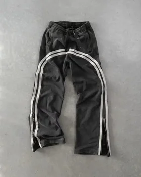 男性と女性のためのダブルストライプカーゴパンツ,刺繍入り原宿ストリートウェア,ハイウエスト,ワイドレッグパンツ,y2k