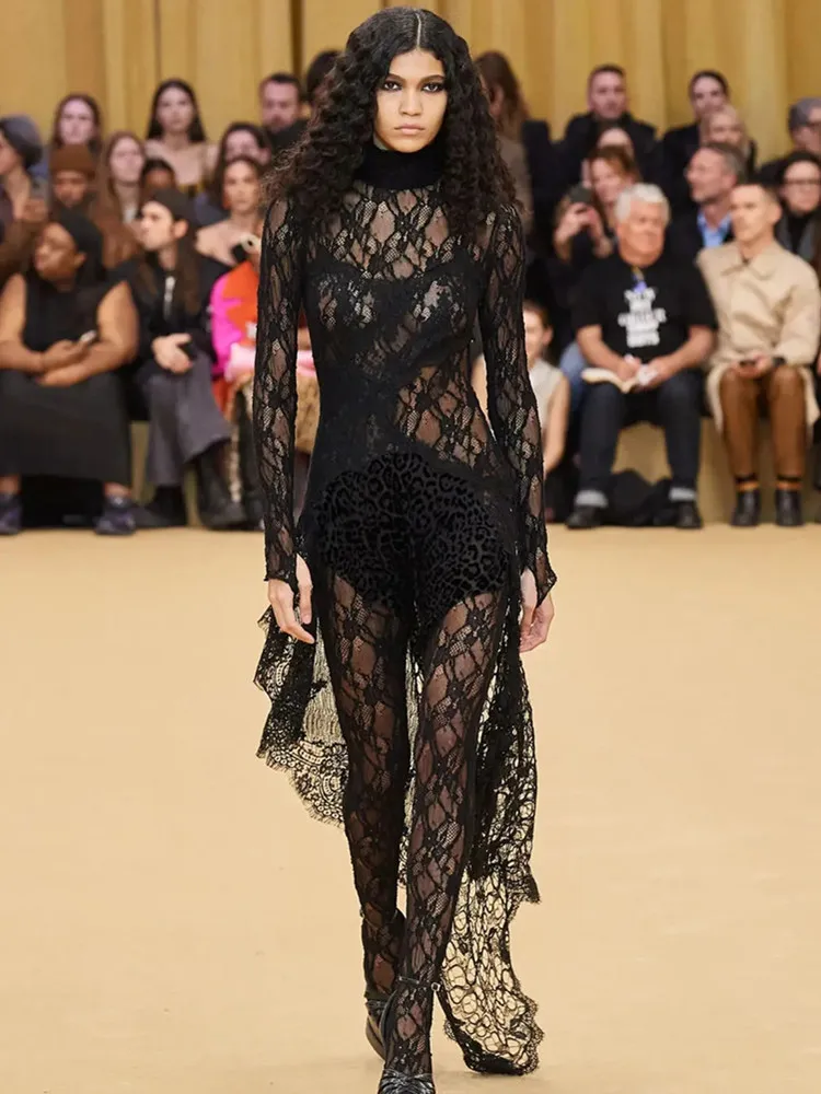 

Women Black Lace Embroidery Jumpsuit Dress Long Sleeve Half High Collar Witch Costume Topic Party Evening Dresses