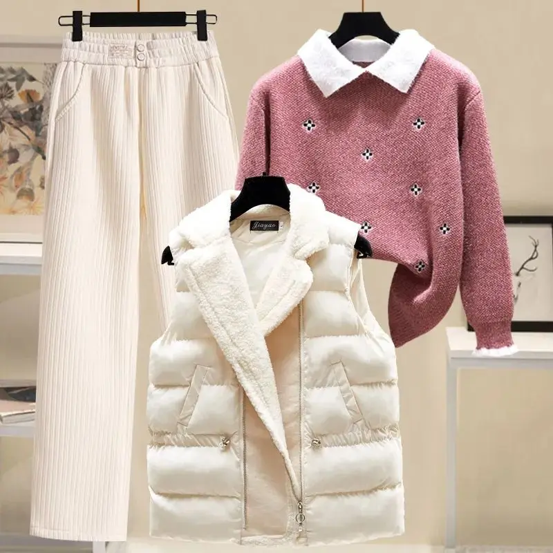 Shirt Collar, Knitted Sweater Pullover Sweater Lamb Wool Vest Flannel Wide Leg Pants Three Piece Set Fashionable Women\'s Winter