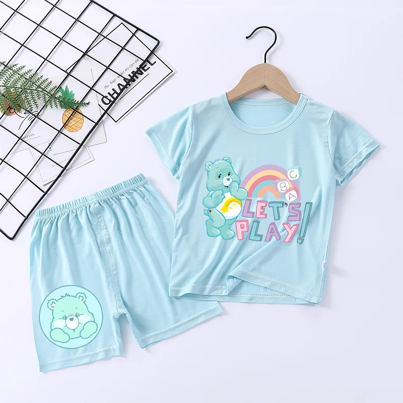 Care Bears 2 ชิ้นกางเกงสูทเสื้อผ้าฤดูร้อนแขนสั้นชุดนอนเด็กบางสาวอากาศเด็กเครื่องปรับอากาศเสื้อยืด HomeBaby ของขวัญ
