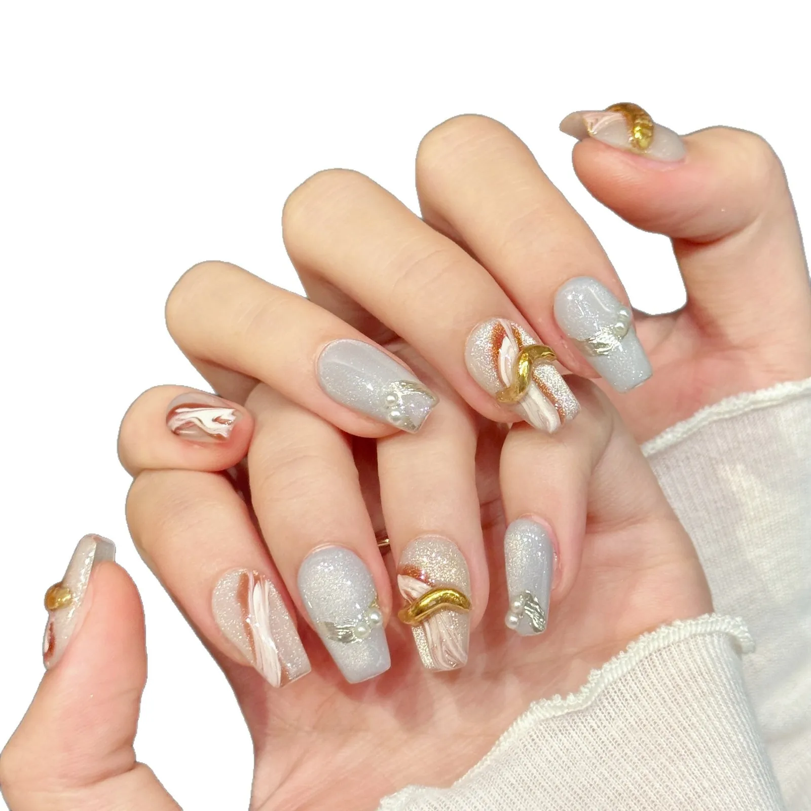 Ongles à pression faits à la main, 10 pièces, embellissement doré clignotant, lumière de luxe et sensation rétro, pointes détachables portables