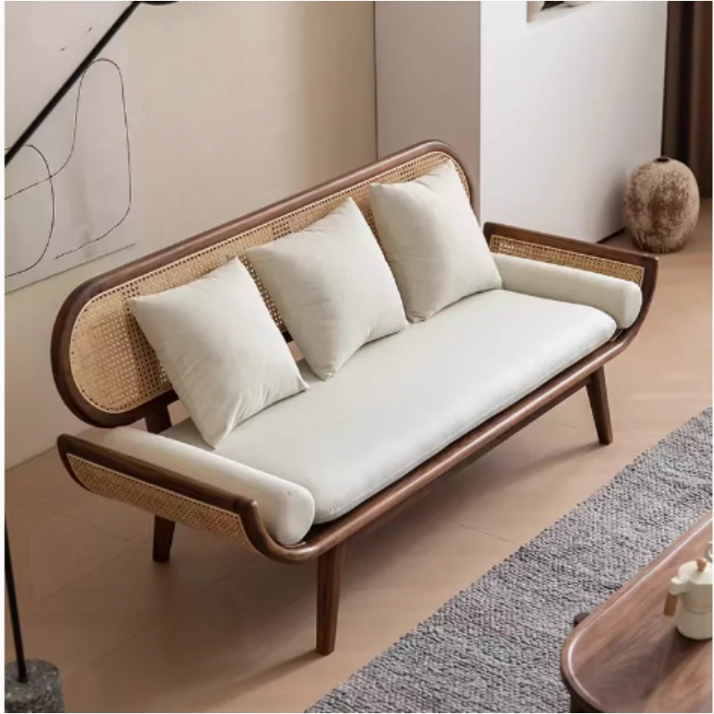 Solid wood rattan three-person sofa log leisure