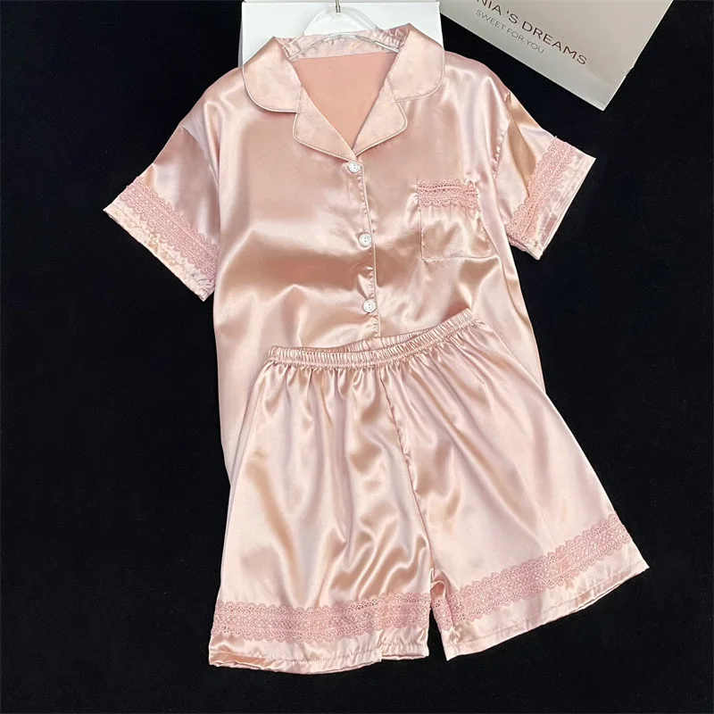 Women Pajama Set Spring Summer 2 Piece Buttons Pyjama Pocket Faux Silk Satin Sleepwear Short Sleeve Pijama Mujer Pjs Homewear